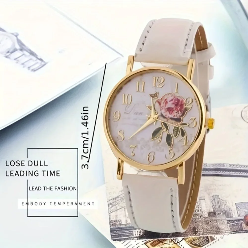 Vintage-Inspired Rose Floral Dial Tan Strap Gold-Tone Quartz Watch